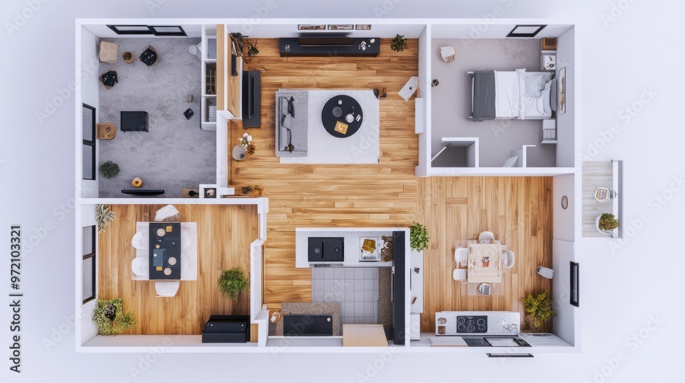 Top View of a Modern Apartment with Two Bedrooms Top View of a Modern Apartment with Two Bedrooms