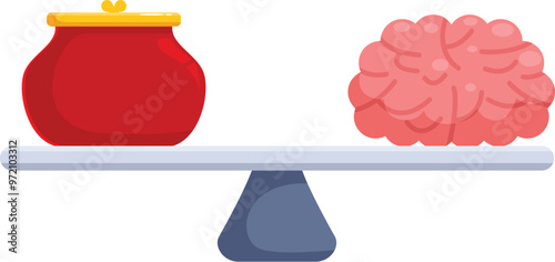 Balance scale comparing weight of red wallet and human brain representing rational spending and financial decision