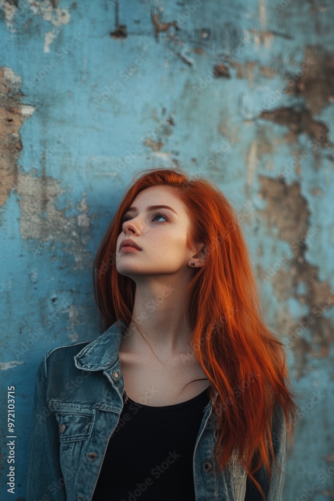 Fototapeta premium Woman with Red Hair Leaning Against Blue Wall