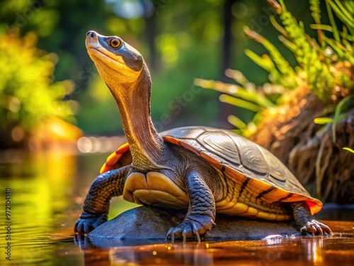 A majestic eastern long-necked turtle stretches its long neck towards the warm sunlight, its shell adorned with intricate markings and a gentle glow. photo