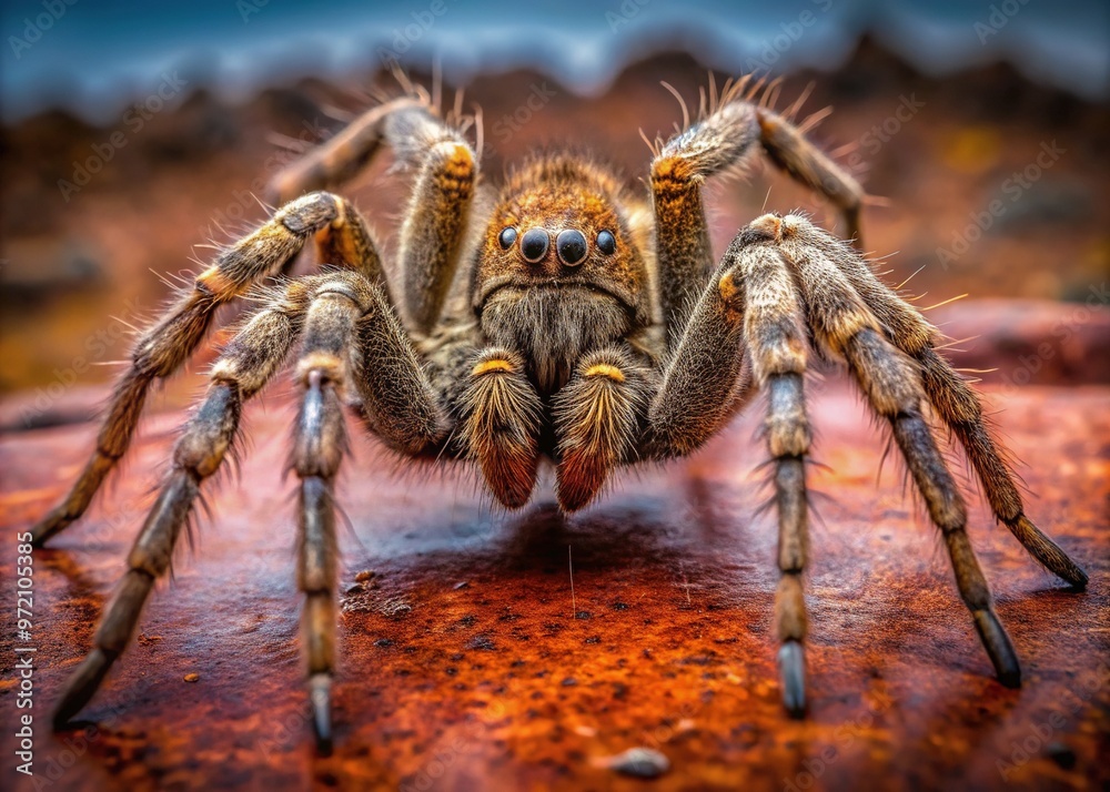 A massive, hairy-legged arachnid sprawls menacingly across a dusty Australian expanse, its bulbous abdomen glistening with dewdrops, casting an eerie shadow. A massive, hairy-legged arachnid sprawls menacingly across a dusty Australian expanse, its bulbous abdomen glistening with dewdrops, casting an eerie shadow.