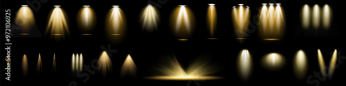 Vector spotlight. Yellow color light effect. Glowing isolated golden sparkling light effect. Spark spotlight special effect design. Ray vector element.