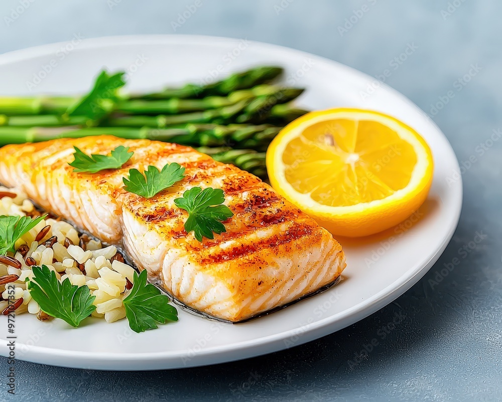 Grilled fish fillet with a side of steamed asparagus and wild rice Grilled fish fillet with a side of steamed asparagus and wild rice