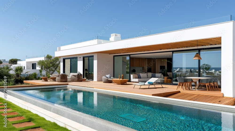 Obraz premium Modern Minimalist House in Algarve, Portugal with Pool, Wooden Deck, and Open Living Area with Glass Sliding Doors