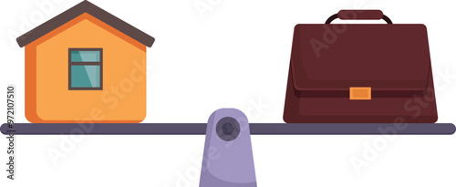 This vector illustration shows a seesaw balancing a house with a briefcase, representing the concept of work life balance