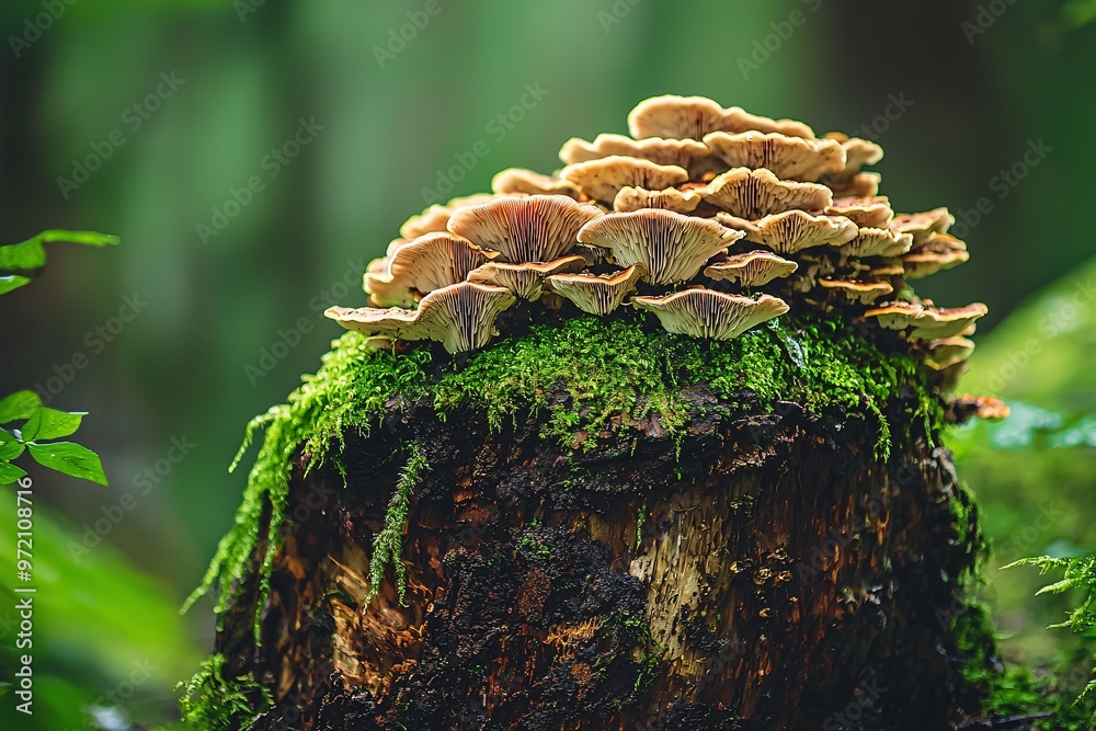 A mossy, fungi-adorned stump reveals a stunning tapestry of intricate textures and organic beauty. A mossy, fungi-adorned stump reveals a stunning tapestry of intricate textures and organic beauty.