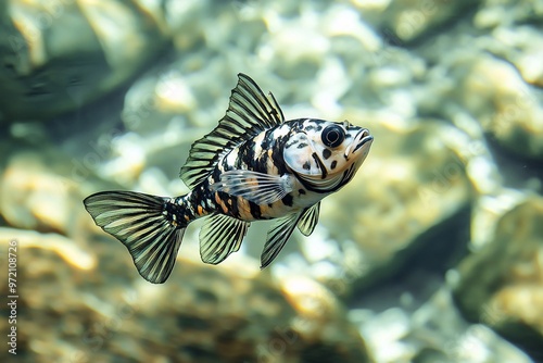 A vibrant fish elegantly swims in pristine waters, displaying its distinctive patterns and hues. photo