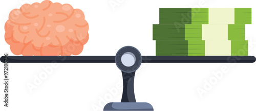 Balance scale weighing a pile of money and a human brain, symbolizing the concept of knowledge versus wealth