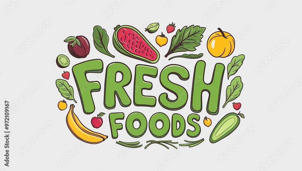 Fresh Foods word quirky cute lettering on plain white background Fresh Foods word quirky cute lettering on plain white background