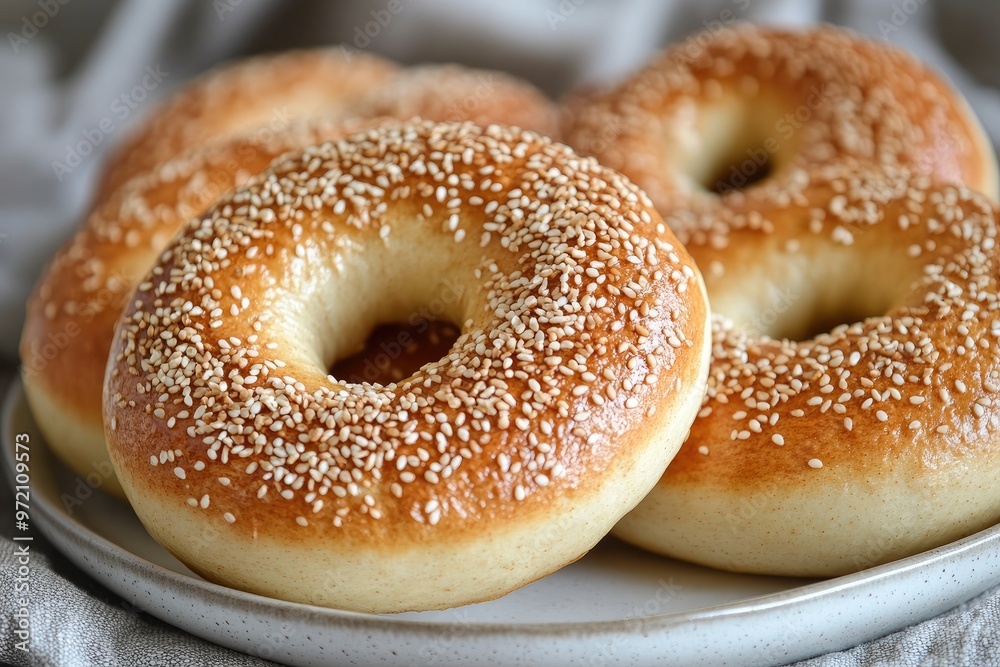 Freshly baked sesame seed bagels resting on a plate Freshly baked sesame seed bagels resting on a plate