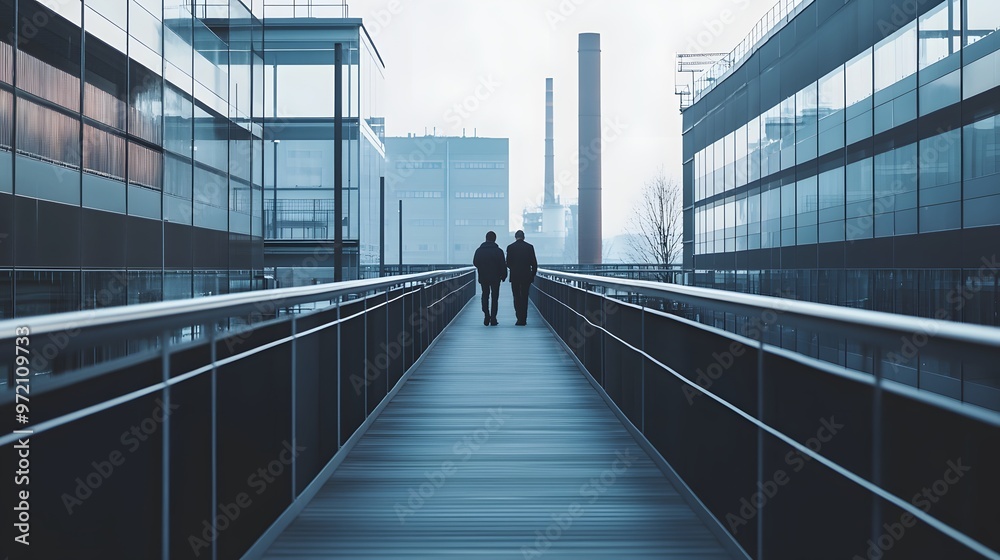 Fototapeta premium Two Silhouettes Walking on a Modern Bridge Connecting Glass Buildings