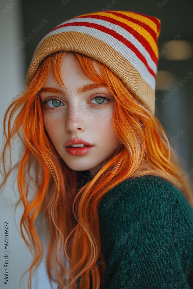 Woman with Red Hair and Striped Hat Woman with Red Hair and Striped Hat