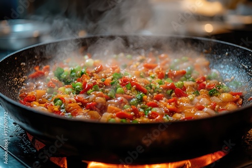 Spicy korean food dakgalbi steaming in a hot stone bowl