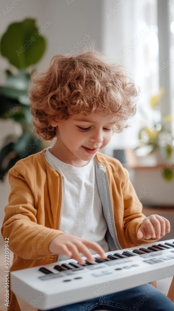 Kid playing a small keyboard in a playful room filled with bright colors and engaging, child-friendly decor. Kid playing a small keyboard in a playful room filled with bright colors and engaging, child-friendly decor.