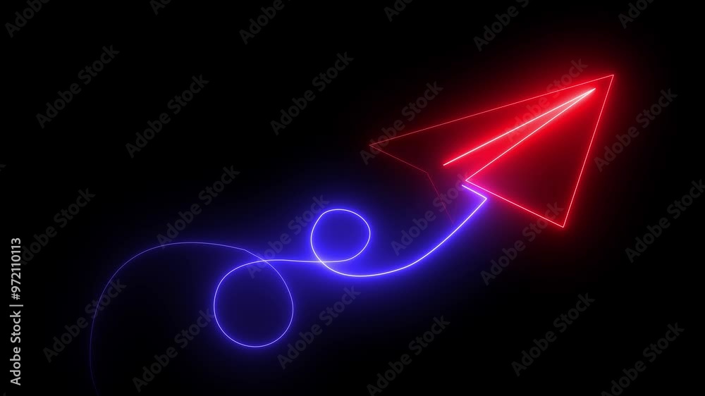 Red and blue color paper plane flying in and out of the frame. Neon glowing Paper airplane is flying. Business success concept. One line drawing. Paper aero plane origami concept. Red and blue color paper plane flying in and out of the frame. Neon glowing Paper airplane is flying. Business success concept. One line drawing. Paper aero plane origami concept.