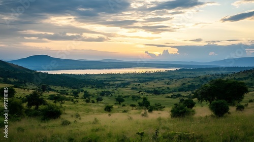 A view of a large lake, with rolling hills and lush green vegetation, with a cloudy sunset sky.