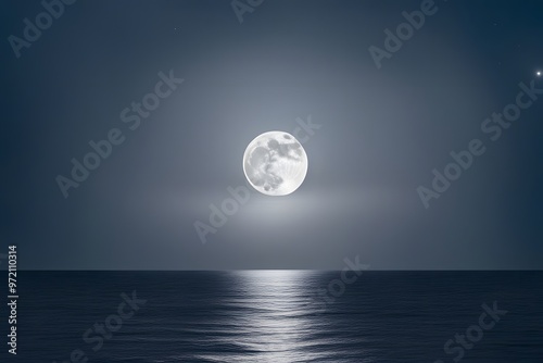 Shiny rays of silver light emerging from a glowing full moon over a tranquil ocean, AI Generated