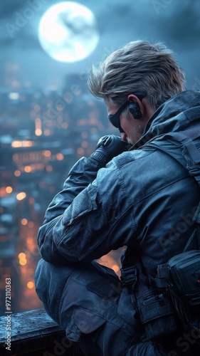 Blonde man in a dark ninja suit, poised on a rooftop under a full moon, ready for action.