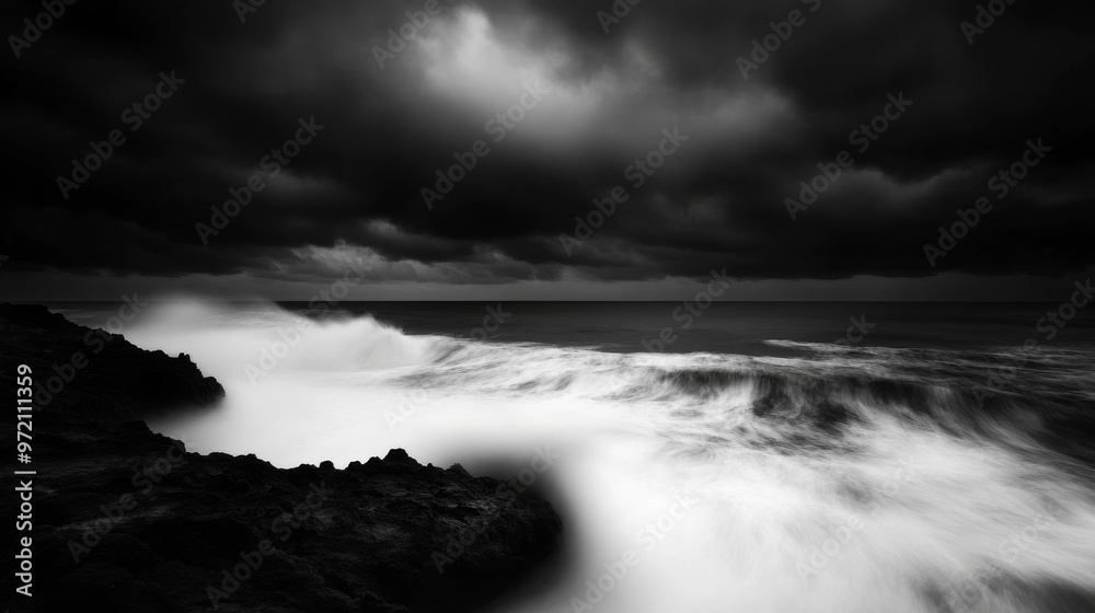 Obraz premium Ocean's Fury in Monochrome: A dramatic black and white seascape captures the raw power of nature as waves crash against a rocky shore beneath a brooding sky. 