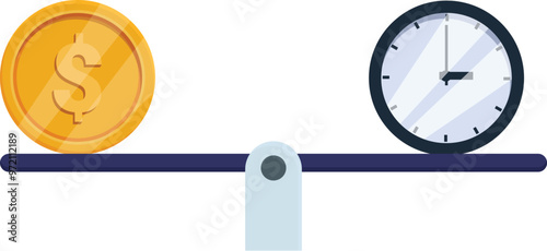 This vector illustration shows the concept of time and money being balanced on a seesaw