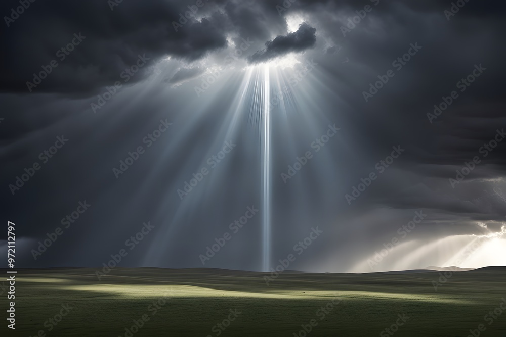 Shiny white rays of light breaking through a dark stormy sky over a vast landscape, AI Generated Shiny white rays of light breaking through a dark stormy sky over a vast landscape, AI Generated