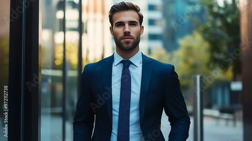 A man in a blue suit and tie stands in front of a modern glass building. He is looking up, with a thoughtful expression on his face.