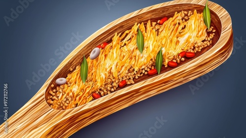 A Wooden Bowl Filled with Savory Rice Dish and Green Chillies photo