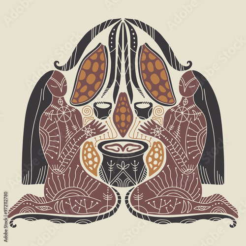 Divine magic cacao ceremony sacred ritual hand-drawn ethnic tropical style illustration. Boho magic woman goddess and chocolate beans. Mystical symbol flat holistic art. Healing food and drinks