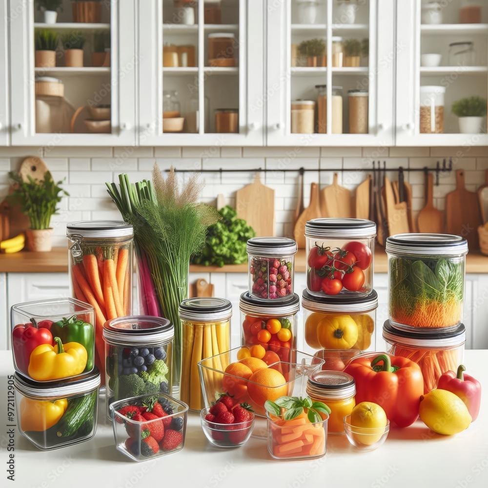 Vibrant food staples in clear containers on a white minimalist kitchen setup
Vibrant food staples in clear containers on a white minimalist kitchen setup
