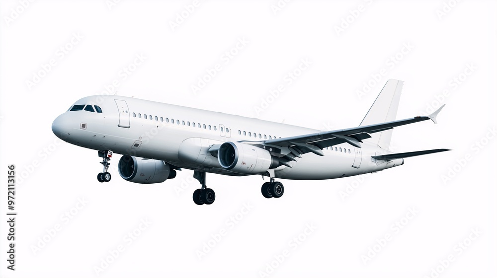 Obraz premium Ready for Takeoff: A pristine white passenger airplane soars against a stark white backdrop, embodying the spirit of travel and adventure.