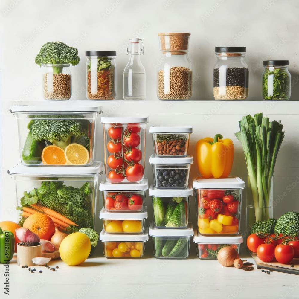 Vibrant food staples in clear containers on a white minimalist kitchen setup
Vibrant food staples in clear containers on a white minimalist kitchen setup
