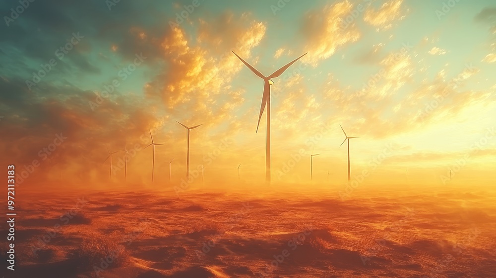 Obraz premium Wind turbines spread across a vast desert landscape, the golden sand contrasting with the sleek white turbines, Watercolor style