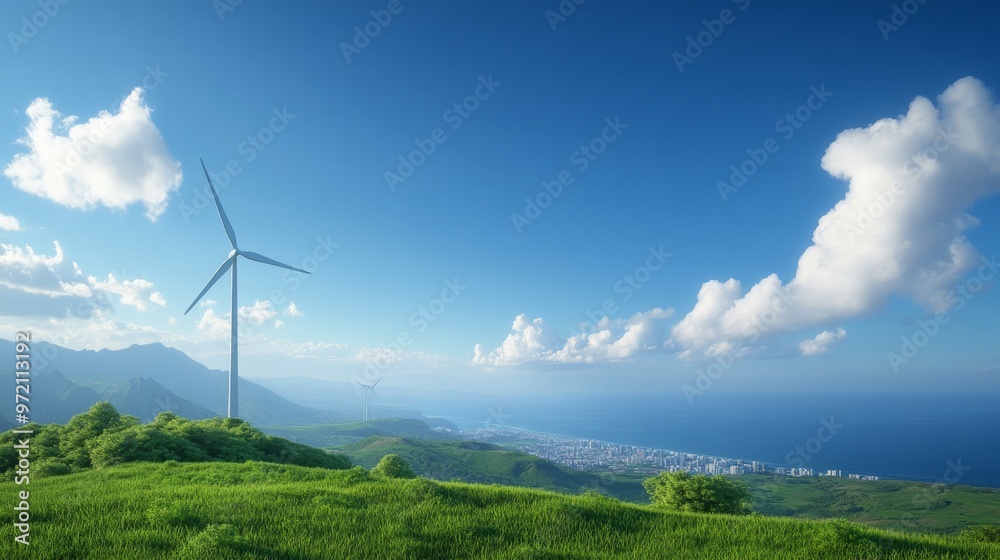 Wind Turbine on a Hilltop Overlooking the Ocean. Wind Turbine on a Hilltop Overlooking the Ocean.