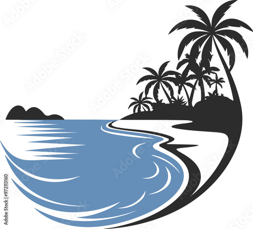 Sea beach vector art with water color on a hill, silhouette icon and logo design.