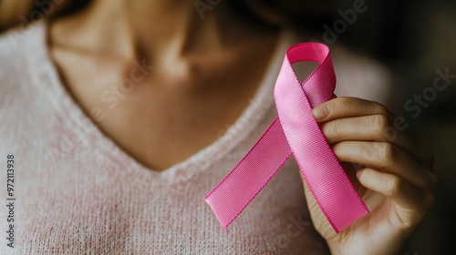 Womans hand gently holding a pink ribbon over her chest to signify breast cancer awareness