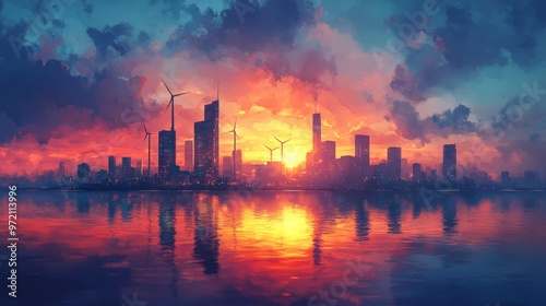 Futuristic city, floating wind turbines above skyline, anti-gravity technology, vibrant sunset, watercolor style