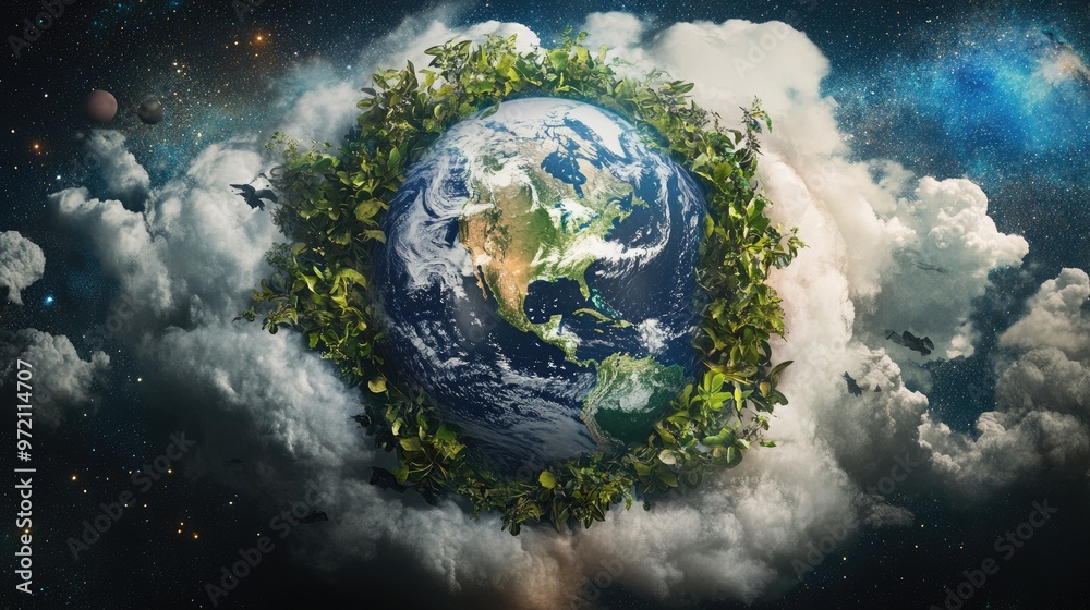 Naklejka premium A surreal image of planet Earth surrounded by a ring of green leaves, set against a background of clouds and stars. The image suggests a sense of hope and renewal for our planet.