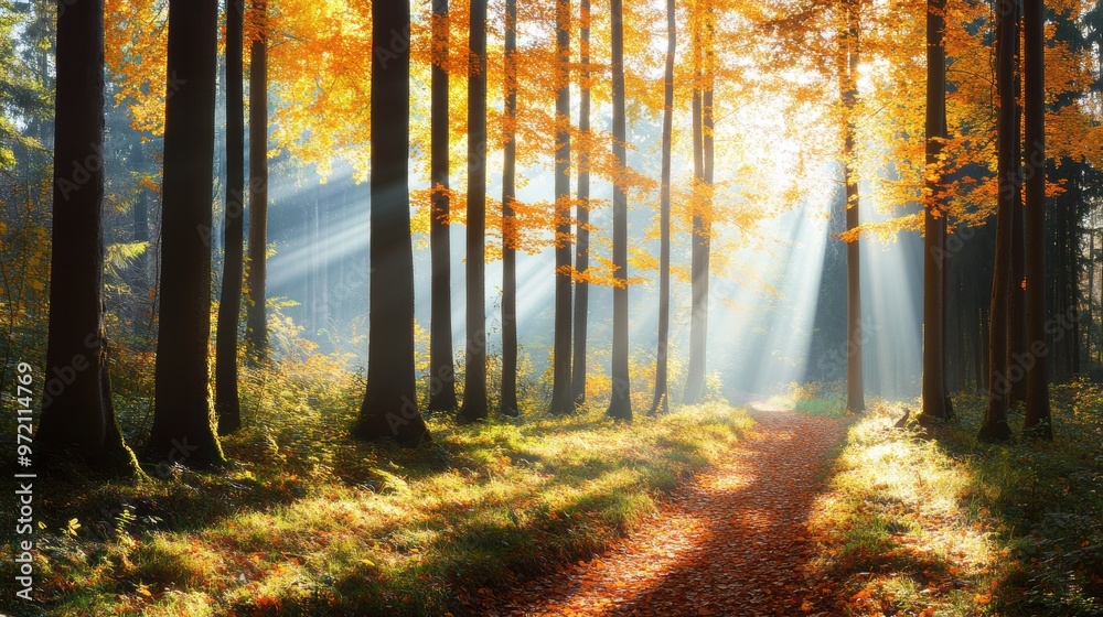 A sunlit path winding through a dense forest, with tall trees adorned in vibrant fall foliage, casting shadows on the ground. A sunlit path winding through a dense forest, with tall trees adorned in vibrant fall foliage, casting shadows on the ground.
