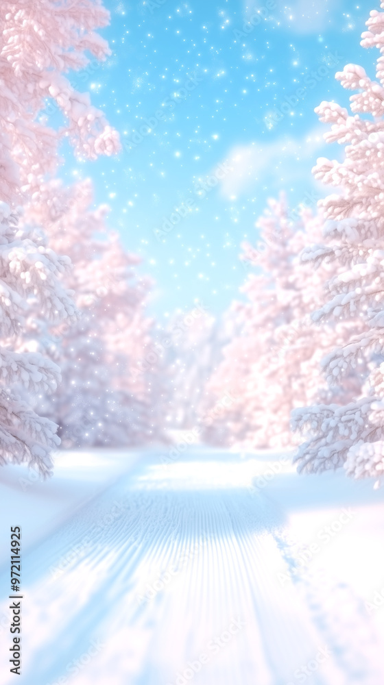 Fototapeta premium A snowy forest with a path through it. The snow is white and the sky is blue