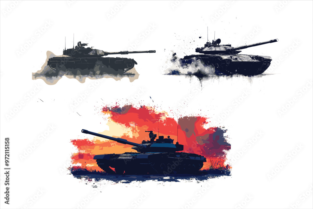 Outlined vectorized silhouettes of armored tanks, depicting military vehicles for defense Outlined vectorized silhouettes of armored tanks, depicting military vehicles for defense