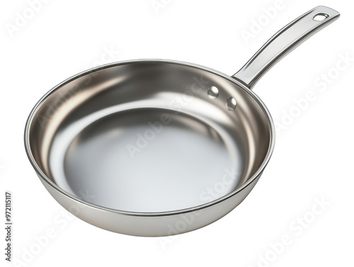 Stainless steel frying pan with handle on a transparent background.