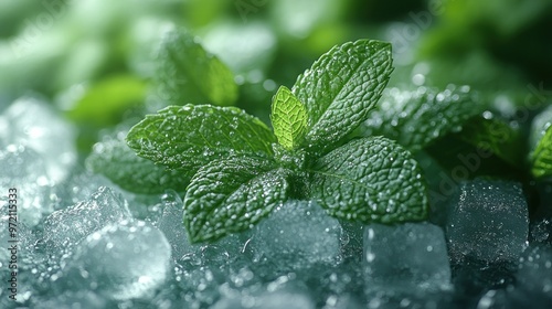 Fresh mint leaves on ice, ideal for refreshing drinks.