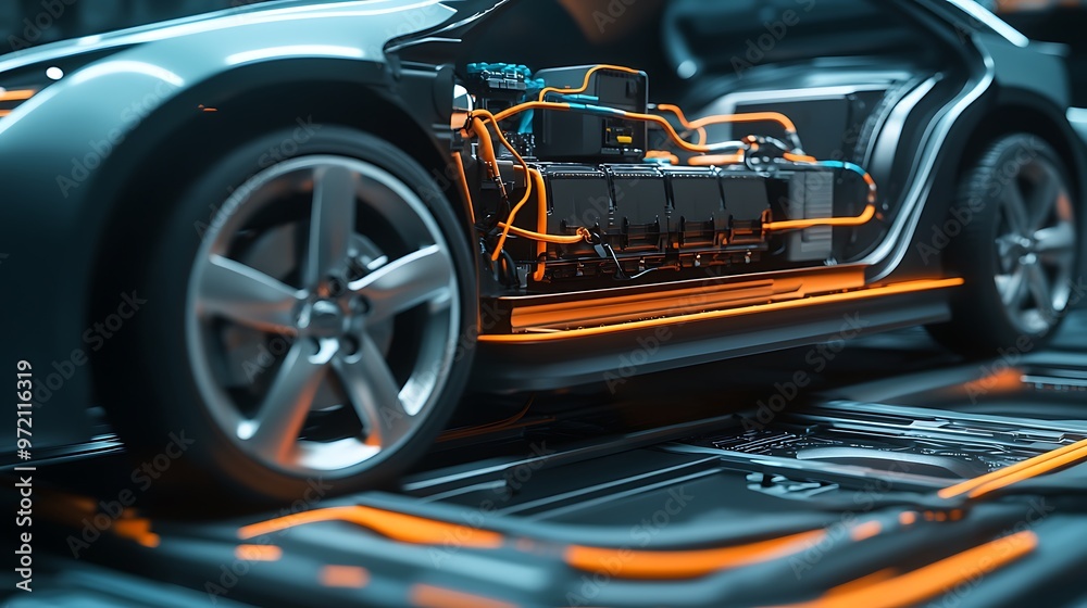 Fototapeta premium Electric Car Interior with Exposed Battery and Wiring