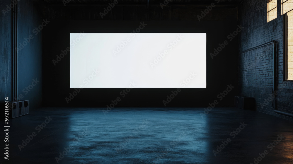 Blank Canvas in a Darkened Warehouse: A large blank projection screen dominates a stark, industrial space, bathed in a cool blue light, offering endless possibilities for projection, display, or creat Blank Canvas in a Darkened Warehouse: A large blank projection screen dominates a stark, industrial space, bathed in a cool blue light, offering endless possibilities for projection, display, or creat