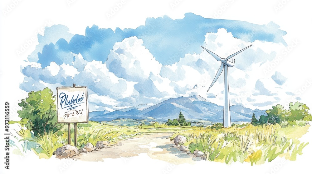 A wind turbine isolated in a desolate, rocky landscape, surrounded by towering mountains and soft clouds. Gentle watercolors emphasize the stillness of the scene A wind turbine isolated in a desolate, rocky landscape, surrounded by towering mountains and soft clouds. Gentle watercolors emphasize the stillness of the scene