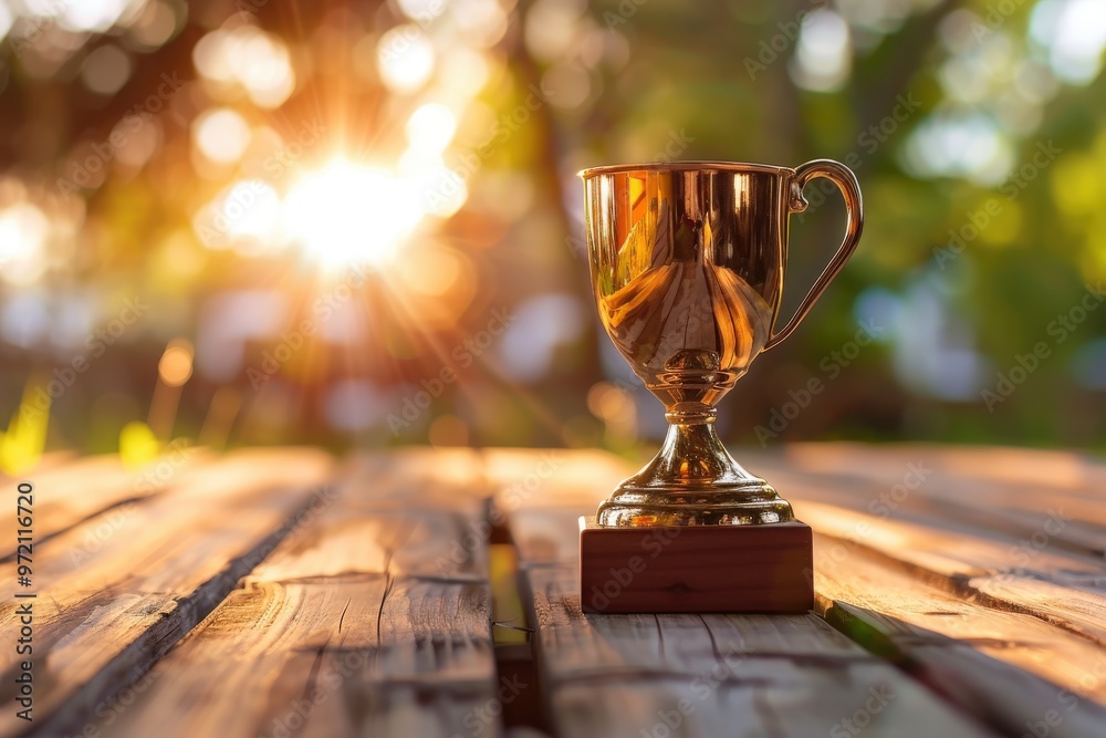 A gold cup sits on a wooden table, generative ai image