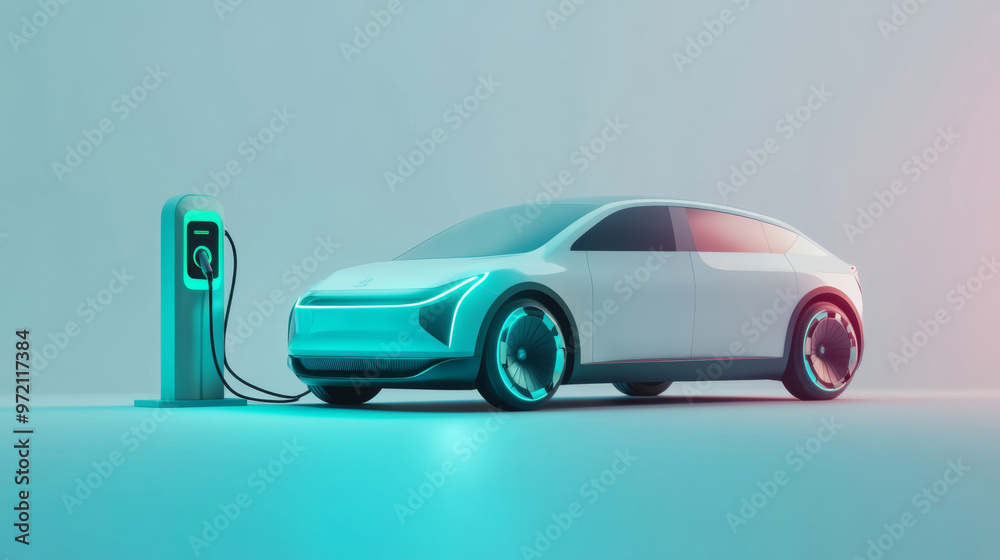 Electric Dreams: A sleek white electric car glows, tethered to a charging station in a neon-lit scene. Embracing the future of sustainable transportation. Electric Dreams: A sleek white electric car glows, tethered to a charging station in a neon-lit scene. Embracing the future of sustainable transportation.