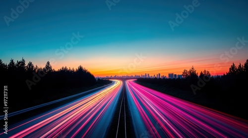 A long exposure shot capturing the streaks of light from traffic on a busy highway, contrasting with the stillness of the city skyline above.