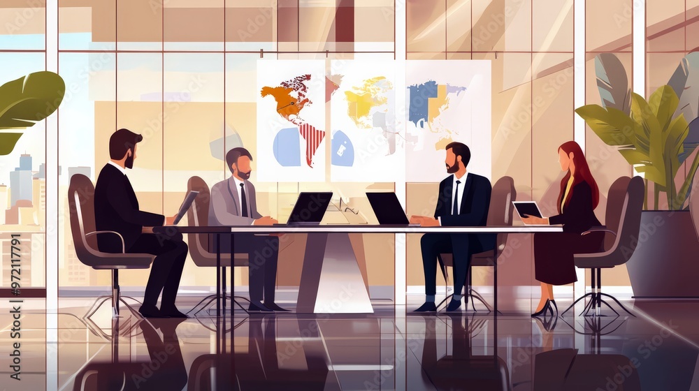 Business team having a meeting in a modern office with world map in the background, discussing international strategy and collaboration. Business team having a meeting in a modern office with world map in the background, discussing international strategy and collaboration.