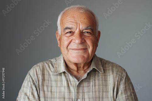 Happy older man in shirt smiles for camera on gray background.